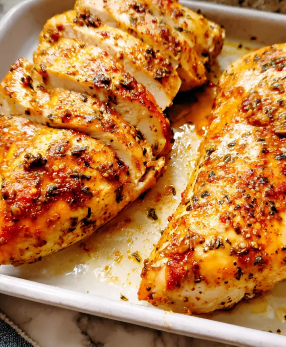 Juicy herb-roasted chicken breasts sliced into thick pieces in a white baking dish.